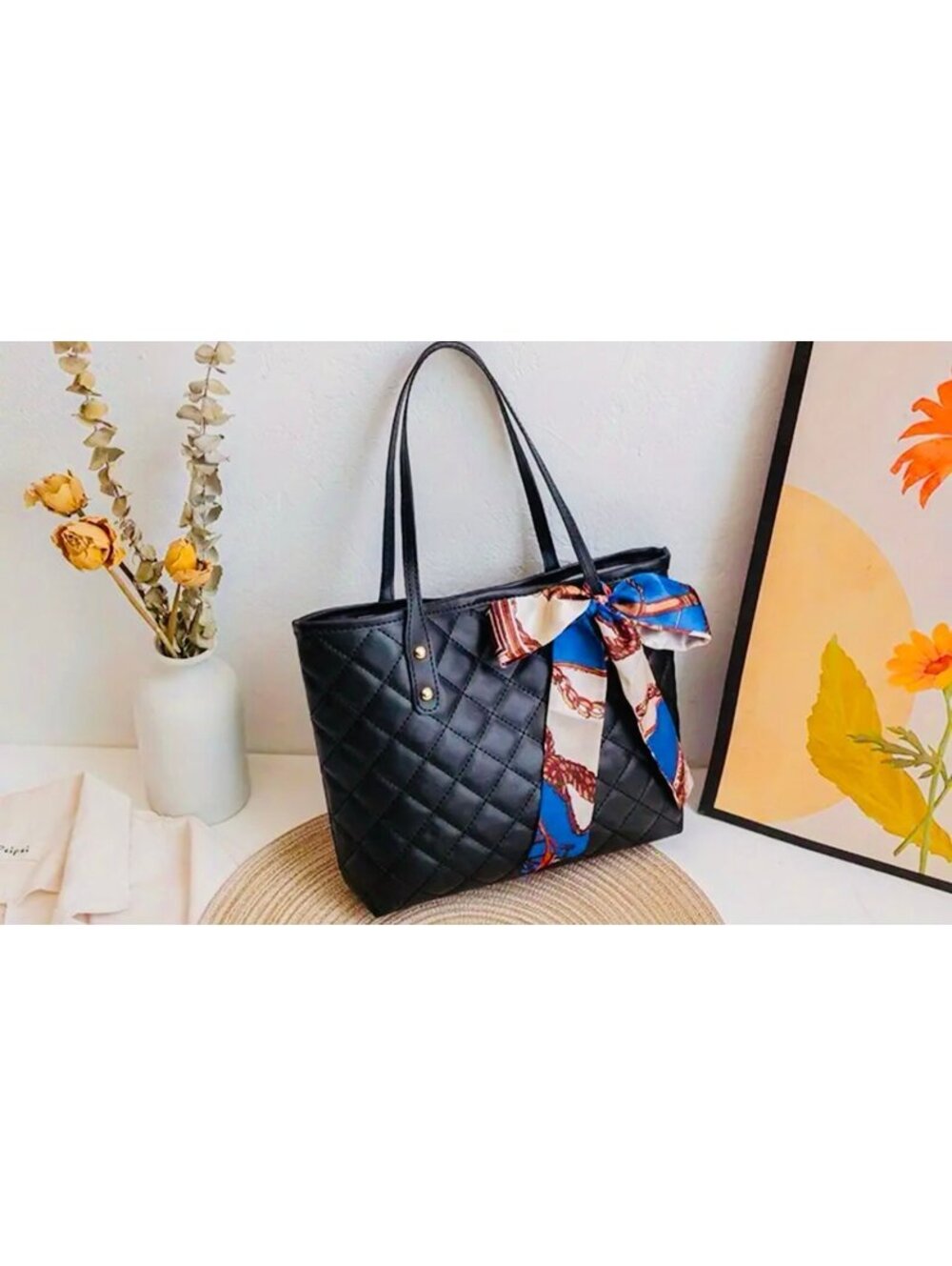 New - Stylish Quilted Faux Leather Tote Bag with Scarf Accent - Black